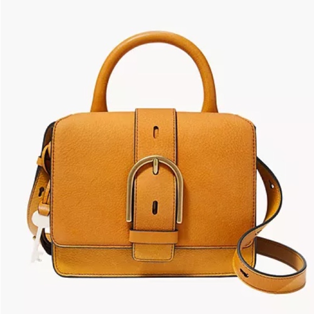 Fossil Tan Leather Satchel with Gold Accent